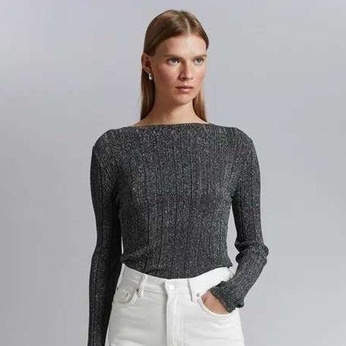 & Other Stories Stockholm Atelier Metallic Ribbed Knit Boatneck Top Black Silver